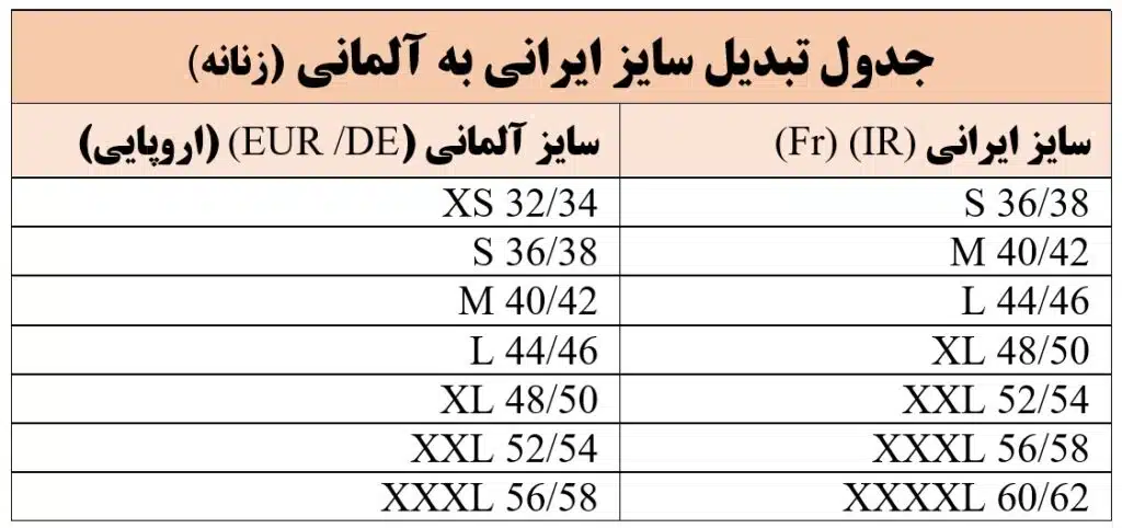 جدول تبدیل سایز لباس ایرانی به آلمانی
