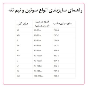 جدول راهنمای سایزبندی سوتین