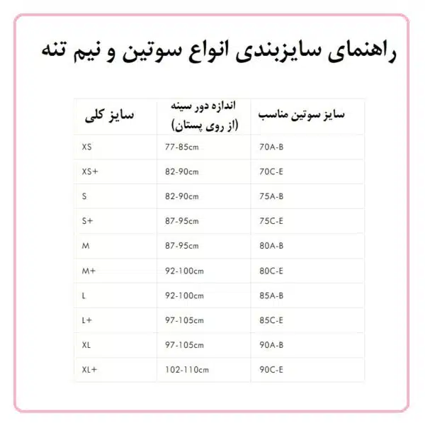 جدول راهنمای سایزبندی سوتین