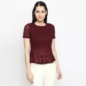 شومیز گیپور دانتل زنانه آستین کوتاه شیک زرشکی 2-8035 SIS