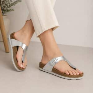 صندل زنانه لاانگشتی لژدار ارگونومیک اسمارا مدل Natural Walk چرم نقره ای 2-406139 Esmara