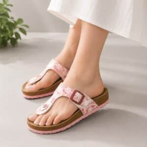 صندل زنانه لاانگشتی لژدار ارگونومیک اسمارا مدل Natural Walk چرم صورتی طرحدار 381565 Esmara