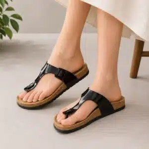 صندل زنانه طبی لاانگشتی لژدار اسمارا مدل Natural Walk چرم براق مشکی 44683 Esmara