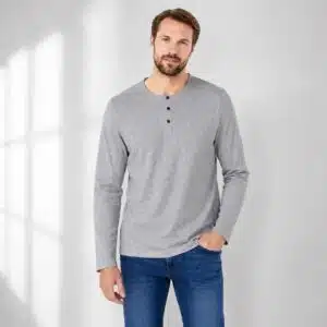 تیشرت یقه گرد سه دکمه آستین بلند مردانه نخی برند لیورجی آلمان طوسی ملانژ 2-Livergy 498657