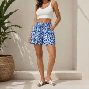 شلوارک زنانه نخی شیک برند آپ تو فشن آلمان آبی مدیترانه ای 4-846969 Up2Fashion