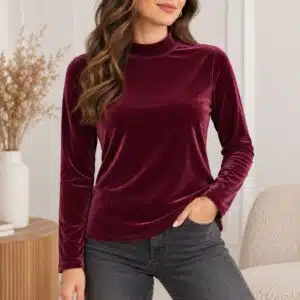 بلوز مخمل زنانه شیک زرشکی بورگاندی شاینی برند آپ تو فشن آلمان 724653 Up2Fashion