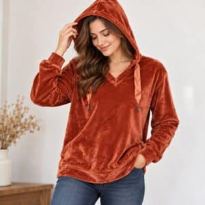 دورس مخمل کلاهدار زنانه شیک برند آپ تو فشن آلمان رنگ آجری 644265 Up2Fashion